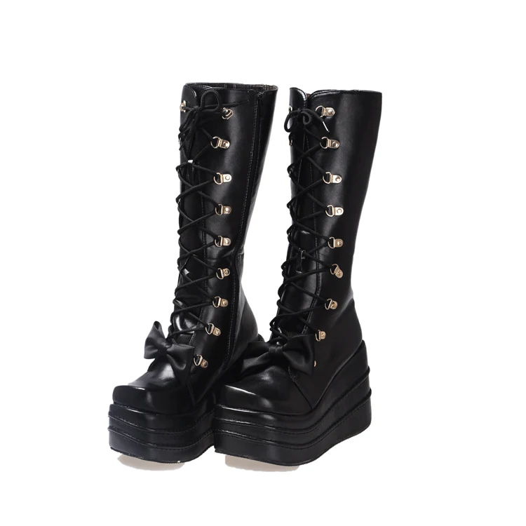 Обувь для костюмированной вечеринки «DATE A LIVE Tokisaki Kurumi»; ботинки Лолиты черного цвета; женские высокие сапоги на Хэллоуин для девочек; высококачественные сапоги из искусственной кожи