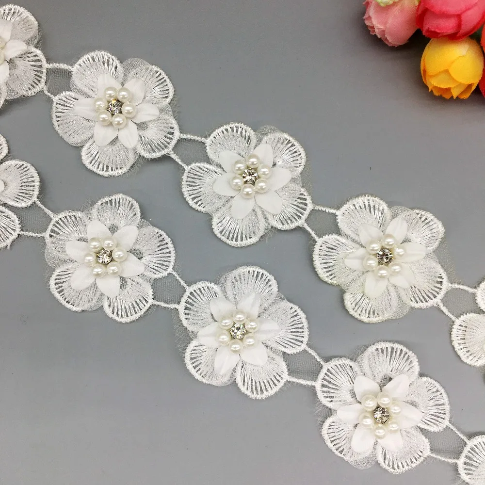 50x Nigerian Lace Fabric 2019 White Pearl Beaded Flowers Rhinestones Trim Embroidered Applique Wedding Dress Sewing Craft | Дом и сад