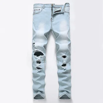 

Hole Pockets Mens Jeans Brand Casual Straight Slim Fit Denim Jeans Fashion Ripped Jeans Homme Plus Size