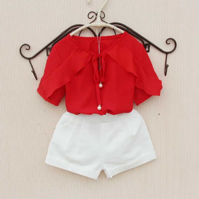 

Chiffon Blouse Kids New Fashion Girls Tops and Blouses Summer Bow Shirts Ruffle Short Sleeve Clothes for Teenage Girl Baby Shirt