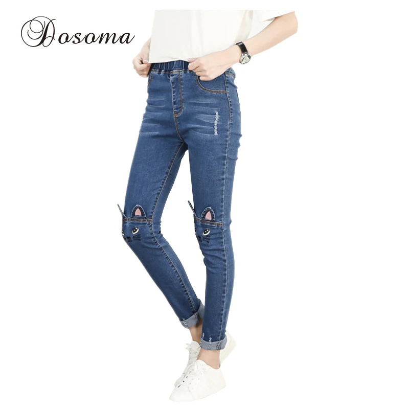 

Plus Size 5XL High Waist Stretch Ripped Jeans Women Spring Autumn Cute Cartoon Cat Embroidery Jeans Woman Casual Straight Pants