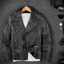 Мужские Ретро Винтажные серые коровья кожа натуральная кожа куртки короткие тонкие толстые теплые мотоциклетные куртки мужская одежда с отложным воротником