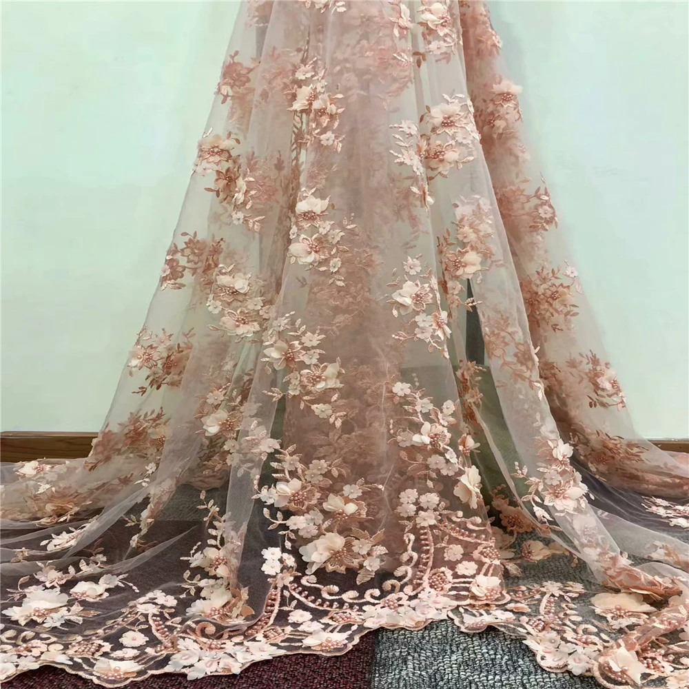 

African Lace Fabric 2018 High Quality Nigerian Beaded lace fabric French Tulle 3D Lace Fabric Flower For Wedding W051