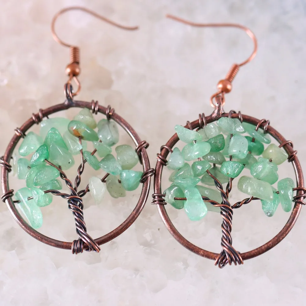 

Tree of life - Natural Stone Irregular Chip Beads Green Aventurine Copper Wire Wrap Round Earrings 1Pair U396