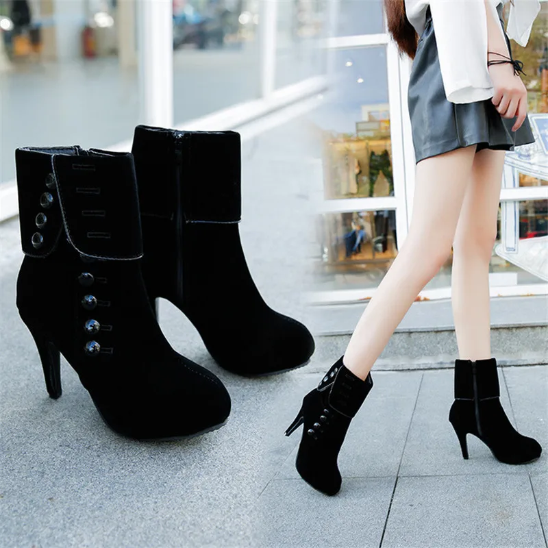 Fashion Women Ankle Boots High Heels Fashion Red Shoes Woman Platform Flock Buckle Boots Ladies Shoes Female PLUE 42