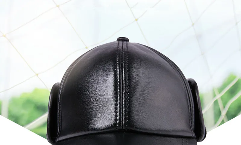 XdanqinX Men's Winter Warm Earmuffs Cap Genuine Leather Hat Plush Thick Sheepskin Baseball Caps Middle-aged Thermal Leather Cap