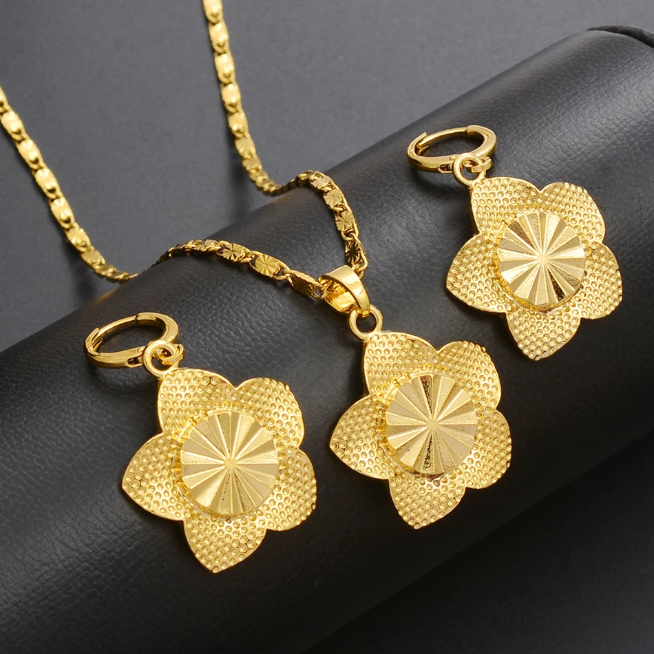 Anniyo цвета золота цветочный Ювелирный Комплект Кулон ожерелье и серьги в наборе из для Для женщин девочек-гостей на свадьбе, ювелирное изделие на подарок#017716
