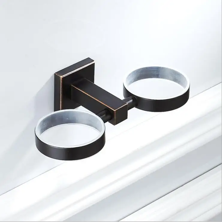 Black bathroom hardware pendant copper material black bronze rinse cup ceramic cup holder double holder 9037K