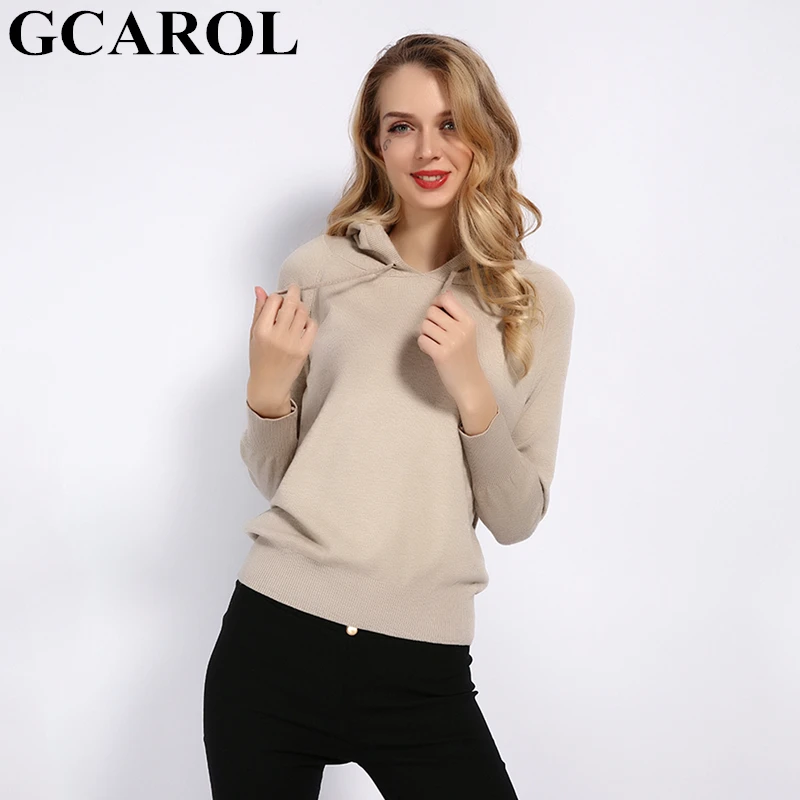 GCAROL, новинка, женский свитер с капюшоном из 30% шерсти, Осень-зима, вязаный пуловер, Повседневный, стрейчевый, базовый, трикотажный топ, трикотаж, S-2XL