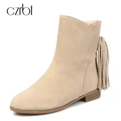 Czrbt осенне-зимние женские ботинки из натуральной кожи Ботильоны одноцветное Цвет бахромой обувь с круглым носком Женская плоская подошва