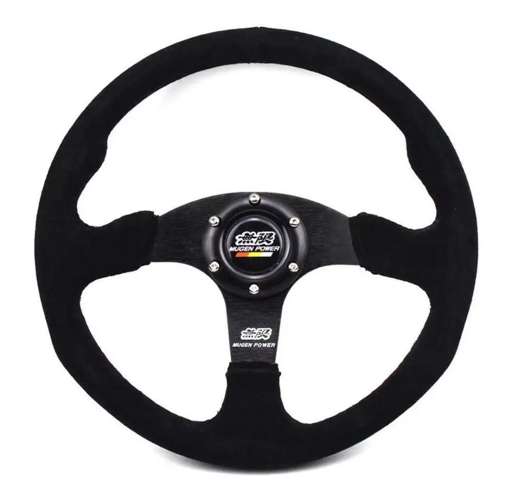 14inch Mugen Power Black Suede Leather Flat Drift Racing Steering Wheel