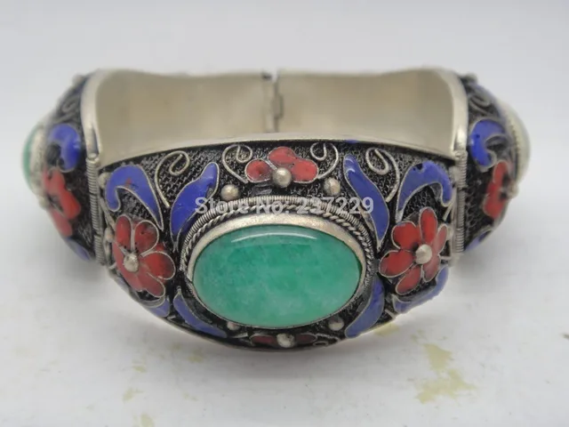 Whole Chinese Hand Inlay Natural Green Old Tibet Silver Enamel Whole Chinese Hand Inlay Natural Green Old Tibet Silver Enamel Cloisonne Bracelet