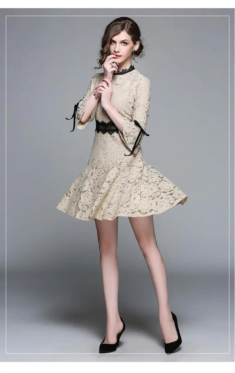 HIGH QUALITY New Fashion 2018 Runway Dress Women's Flare Sleeve Hollow out lace fishtail dress Lady Skirt Midi Dress