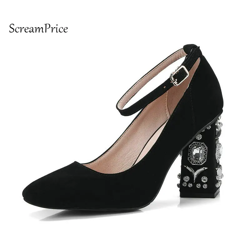 Suede Crystal Thick High Heel Ankle Strap Woman Pumps Fashion Buckle Party High Heel Shoes Square Toe Spring Autumn Shoes Black Suede Crystal Thick High Heel Ankle Strap Woman Pumps Fashion Buckle Party High Heel Shoes Square Toe Spring Autumn Shoes Black
