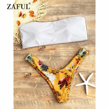 

ZAFUL Swimsuit Women Strapless Floral Bandeau Thong Bikini Set Sexy Low Waist Strapless Women's Swimwear Padded Swimming Suit