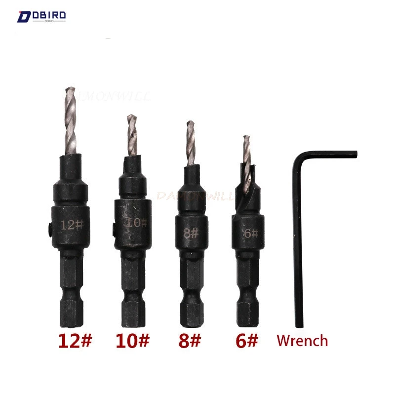 Hot 4pcs Hss Woodworking Ti Countersink Drill Bit Set Wood Countersinks