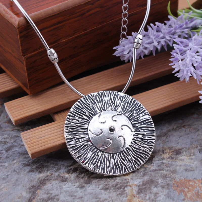 

2017 Bohemian Gypsy Vintage Ethnic Tibetan Silver Jewelry Sun Carved Round Pendants Necklaces For Women Statement Maxi Jewelry