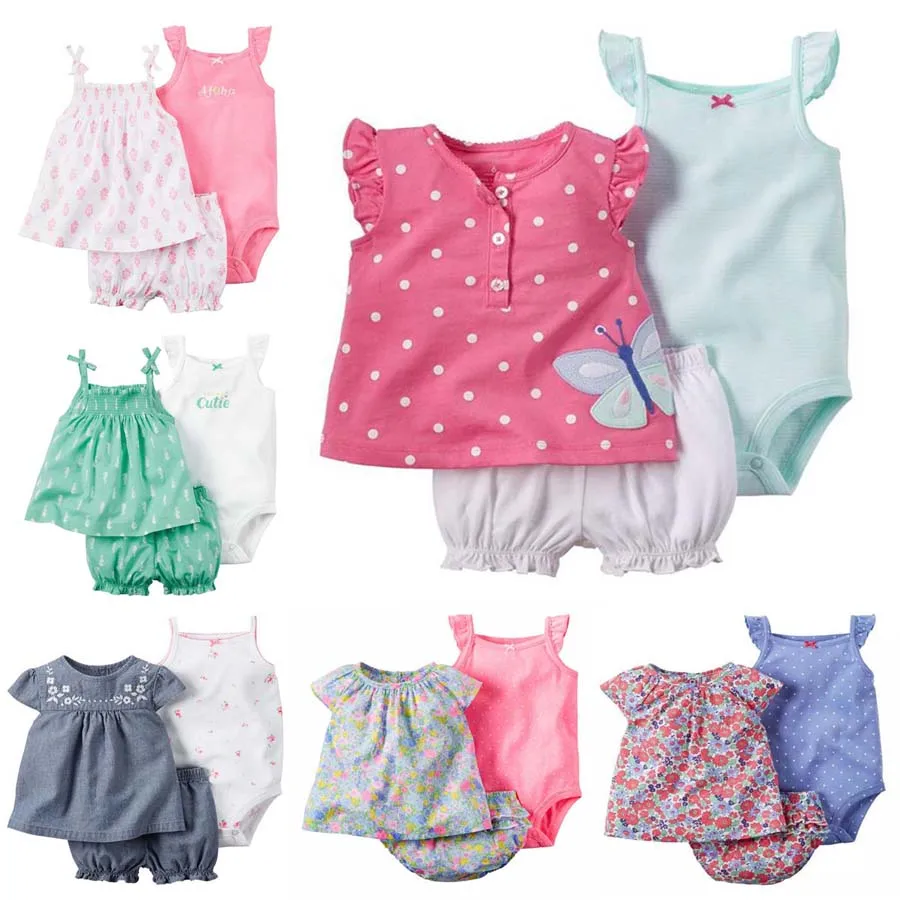 sleeveless floral T shirt tops+romper+shorts summer clothes set for baby girl 2021 newborn outfit babies clothing suit cotton baby outfit matching set