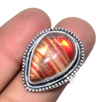 

Sun Stone Ring Silver Overlay over Copper, USA Size 7.75, R5159