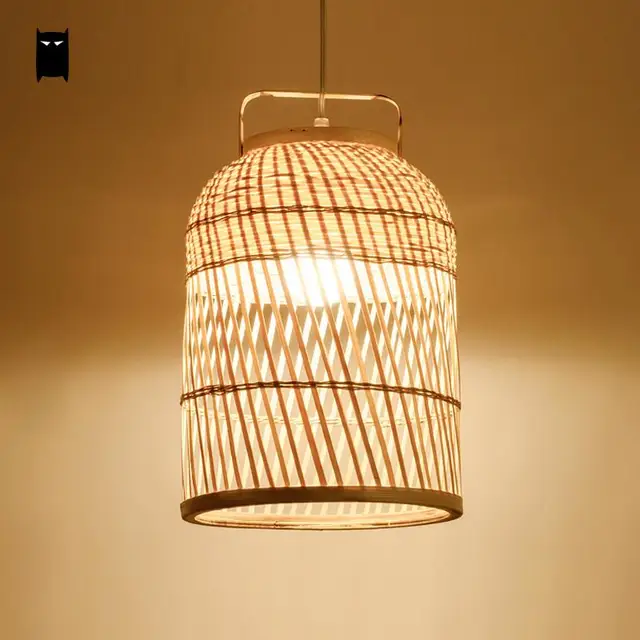 Hand Woven Round Bamboo Wicker Rattan Cage Shdae Pendant Light Hand Woven Round Bamboo Wicker Rattan Cage Shdae Pendant Light Fixture Asian Cottage Ceiling Suspended