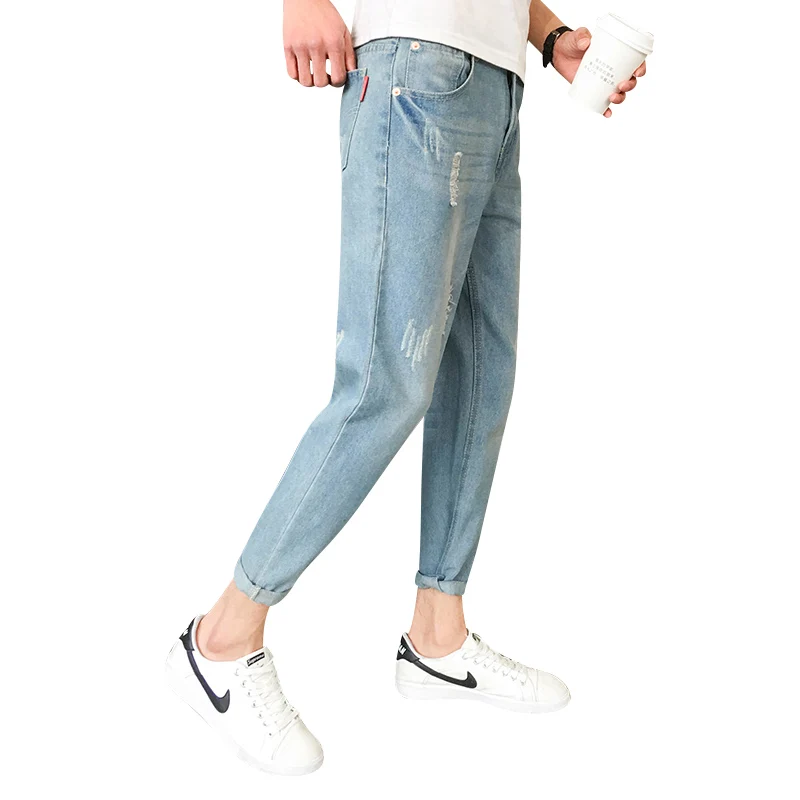 2018 New Men jeans Fashion Hole Calf Length Pants Men Casual Slim fit