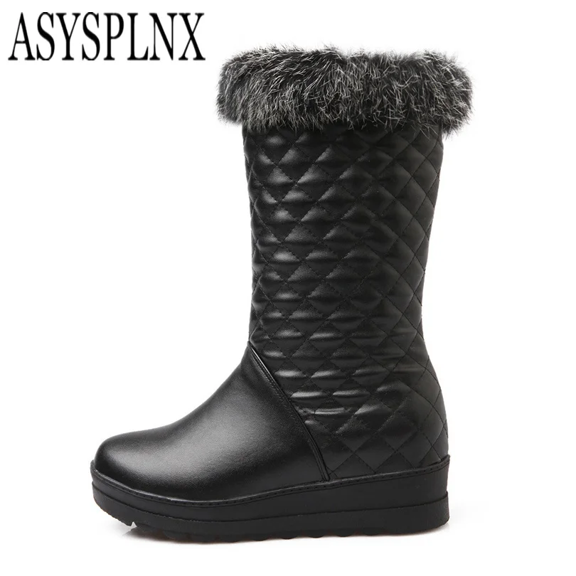 

ASYSPLNX rabbit fur solid round toe flat women Fashion mid calf snow boots,2016 Winter platform net Casual warm ladies shoes