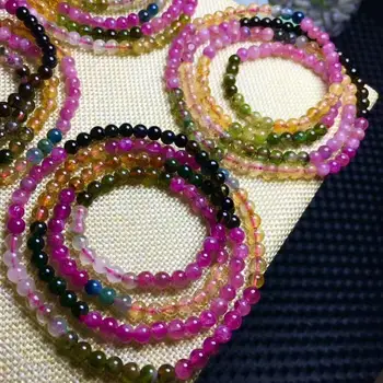 

Free Shipping Natural Colorful Tourmaline Round Beads Crystal Bracelet AAA 4.3-4mm 3Rows