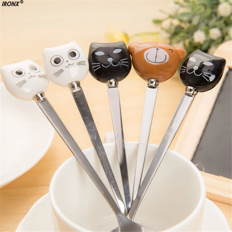 

1PC Steel Cartoon Coffee Spoon Stainless Fruit Fork Ceramic Handle Cute Cat Forks Dessert Spoons Tableware Dropshipping