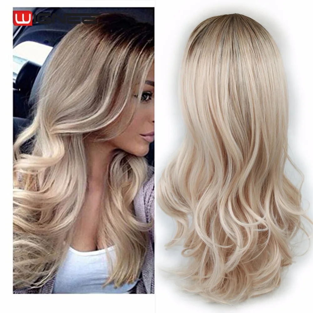 Tanie Wignee długi 2 Tone Ombre brązowy popiół blond temperatura peruki syntetyczne dla czarnych białych kobiet Glueless faliste codziennie cosplay peruka