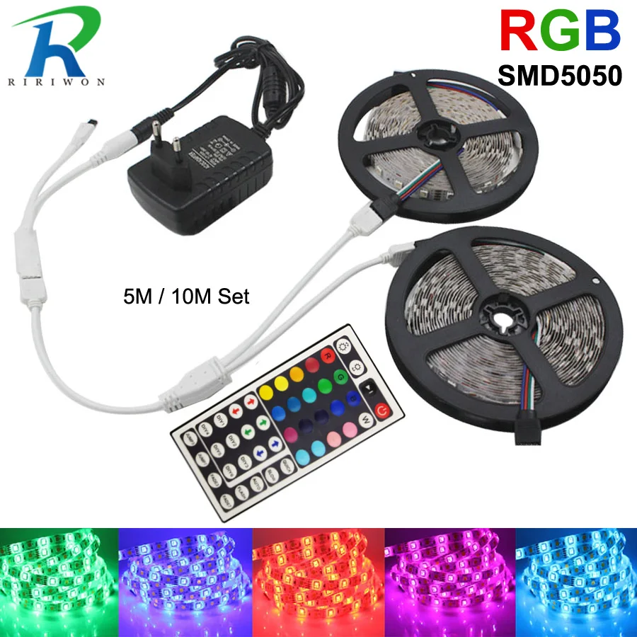 cheap RGB LED Strip Light 12V SMD 5050 Flexible Ribbon Stripe DC 12V RGB Diode Tape fita de 5M 10M 15M with IR Controller Adapter Set