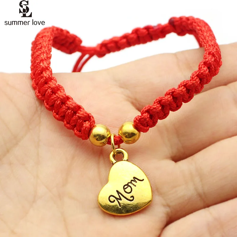

Fashion Heart Mom Charm Bracelet Adjustable Red Thread String Braided Rope Bracelet Mum Gift Women Lucky Jewelry