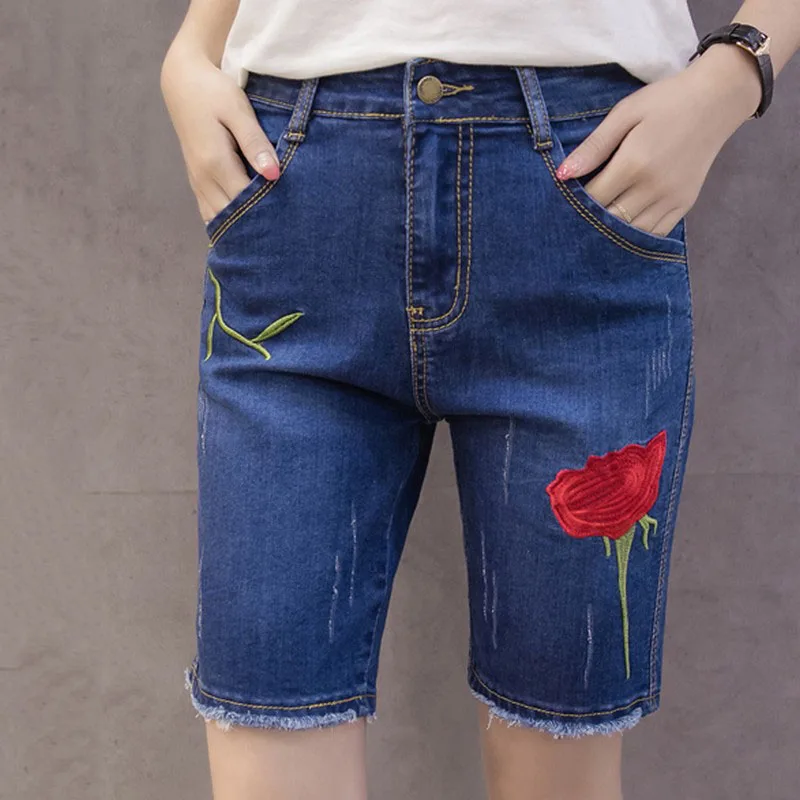 Flower Embroidery Summer Short Jeans Fashion Burr Ladies Shorts Casual