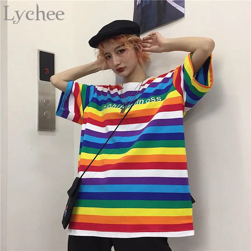 Lychee Harajuku, женская футболка с Разноцветными полосками и вышитыми буквами, топы, футболки с круглым вырезом, женские футболки с коротким рукавом
