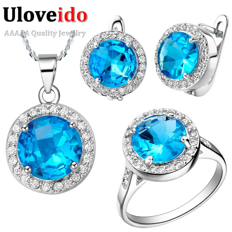 Uloveido Fashion Bridal Wedding Jewelry Set for Women Earrings Necklace Ring with Blue Sapphire CZ Diamond Accessories T011