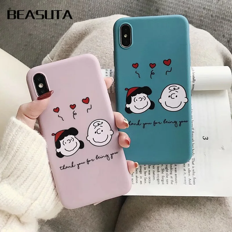 

Cartoon Snoopys Dog and Charlie Brown Phone XS MAX XR 6s matte case for iPhone 7plus 8 Plus love heart soft TPU back cover funda