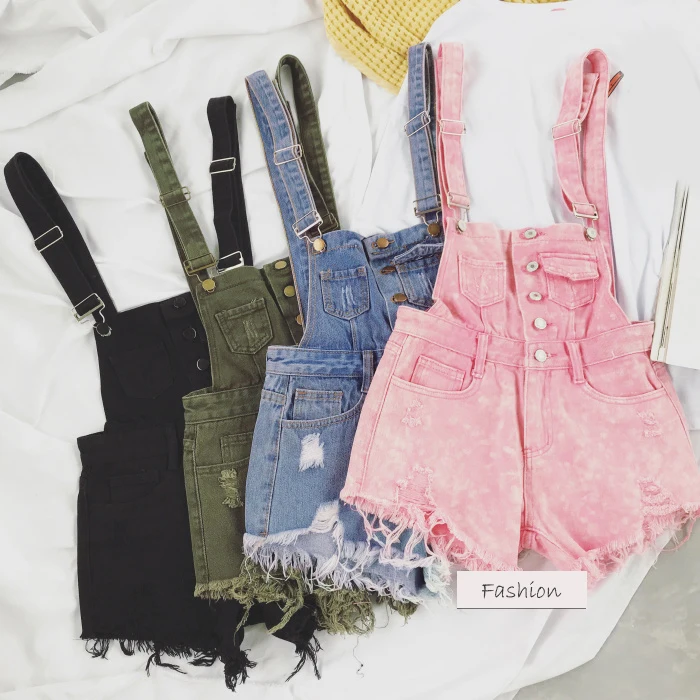 2018 new Korean college wind age denim strap shorts female wild thin students hole suspenders tide (10)