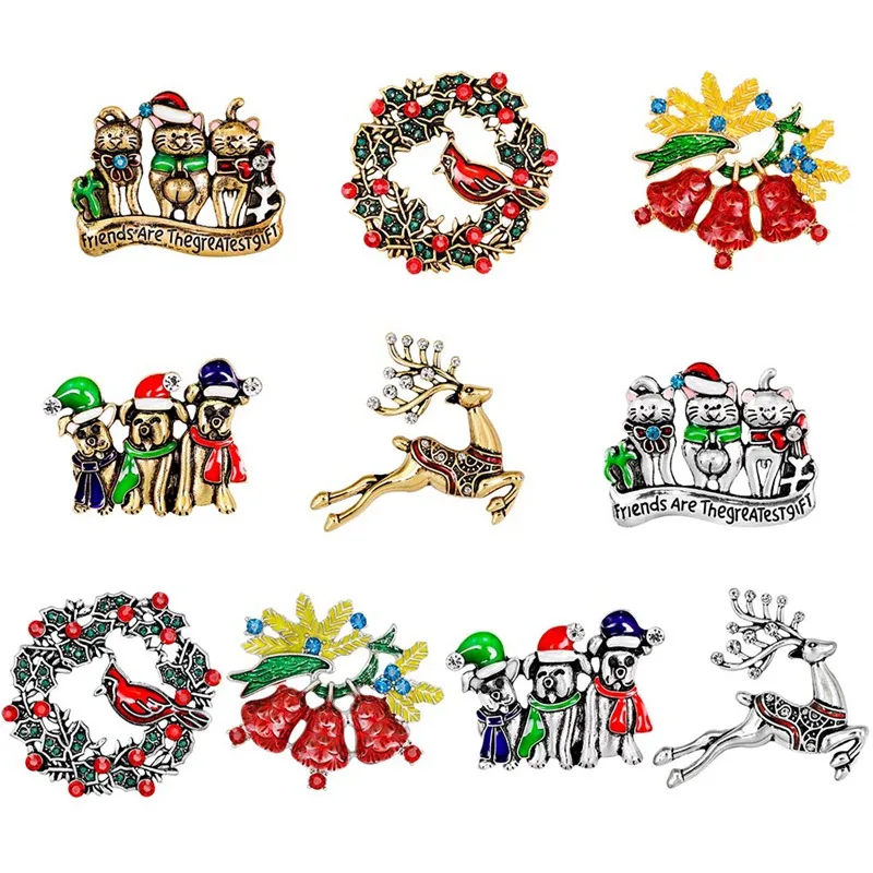 

New Fashion Christmas Color Stone Brooch Pins Santa Claus Socks Christmas Tree Cute Dog Deer Bird Animal Brooches For Women