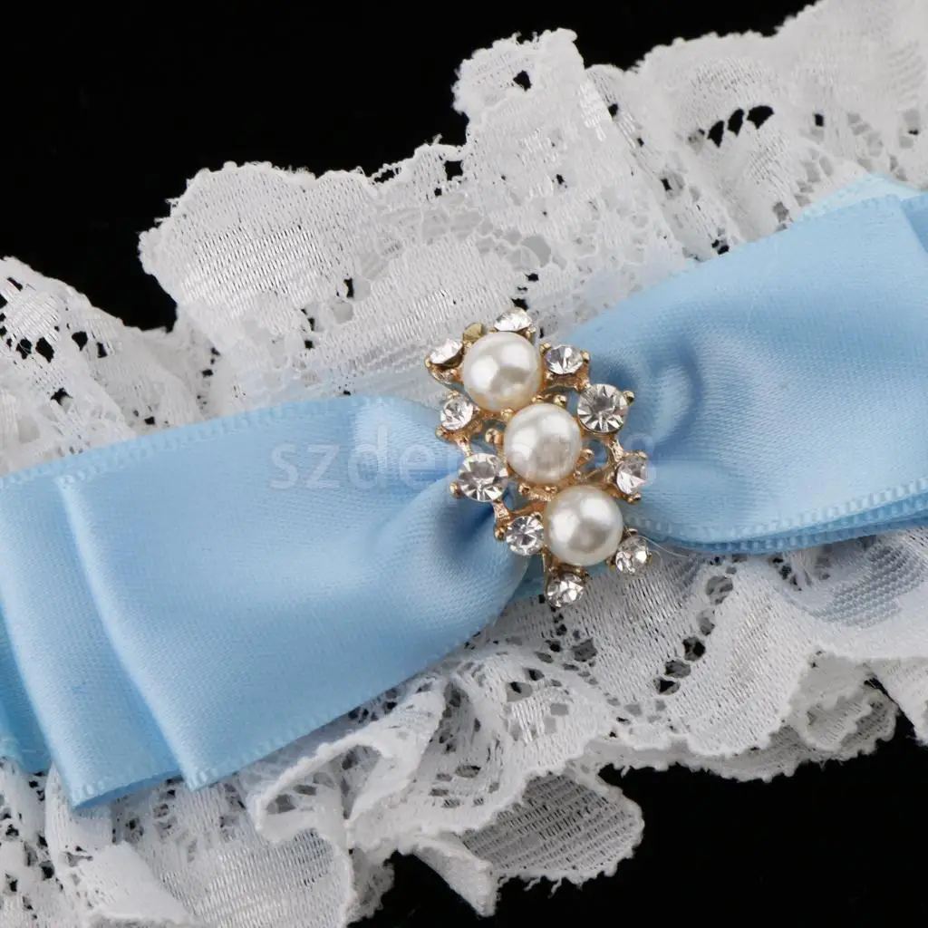 Wedding Bridal Lace Garter Pearls Rhinestone Satin Bow Thigh Ring Keepsake &Toss White and Blue
