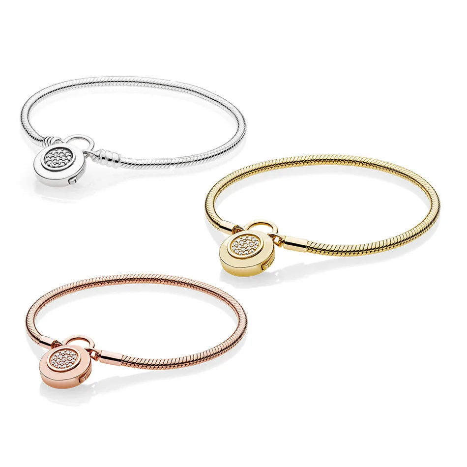 

Authentic 925 Silver Bracelet for Women Signature Padlock Moments Smooth Bracelet fit Lady Bead Charm Pendant