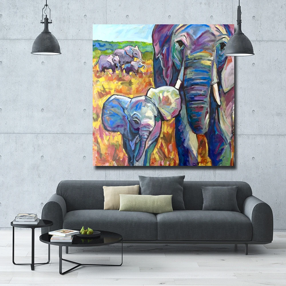 

Colorful Elephant Mother and Child Paintings Printed On Canvas Modular Wall Pictures Posters And Prints For Living Room Decor