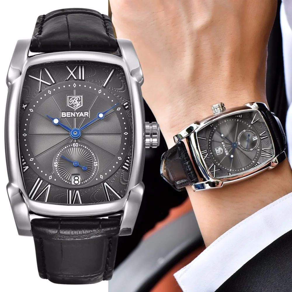 Benyar квадратный для мужчин часы Бизнес Кварцевые пояса из натуральной кожи наручные часы для мужчин часы мужской Relogio hodinky erkek коль saati
