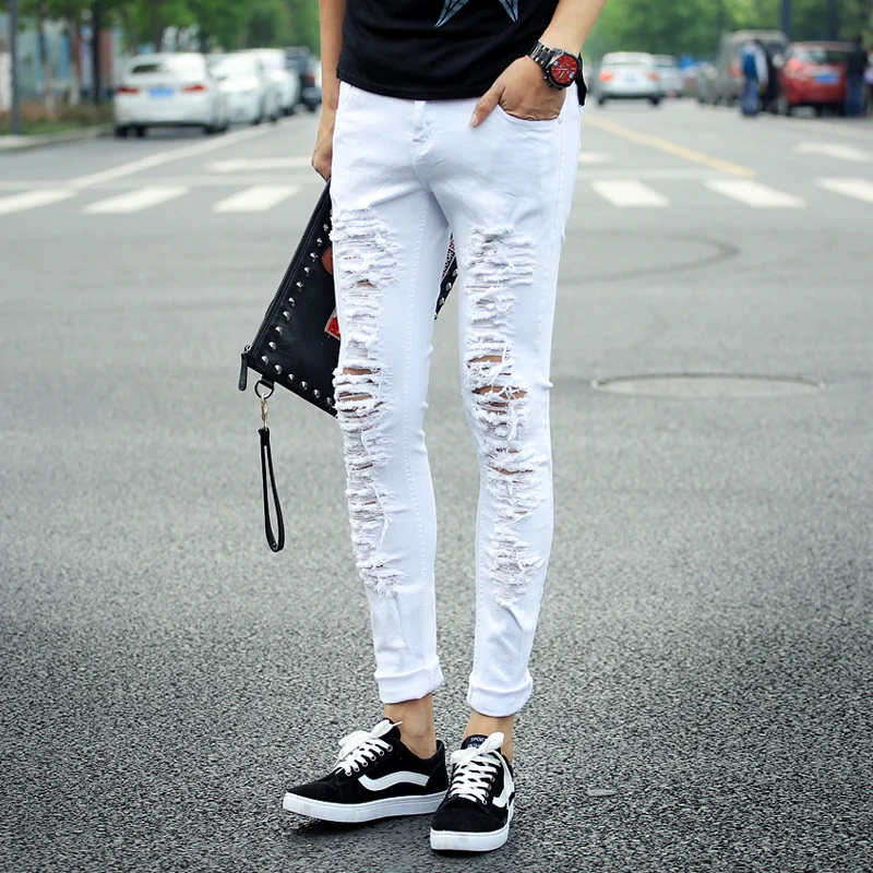 HOT 2017 New fashion Personalized summer hole jeans tight fitting black and white pencil pants nightclub
