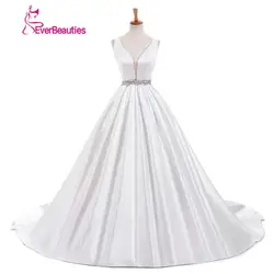 Vestido De Noivas Белое Атласное Свадебное платье без бретелек 2019 простое платье с бисером ремень сексуальное Глубокий v-образный вырез элегантные