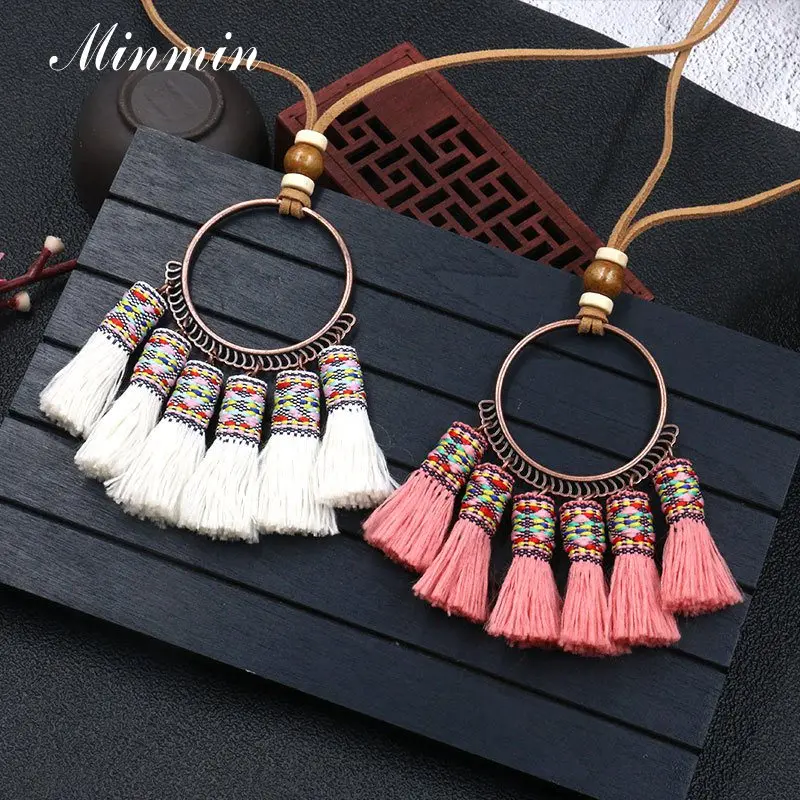 

Minmin Vintage 4 Colors Boho Tassel Pendant Long Necklace for Women Ethnic Big Circle Handmade Weave Fringe Rope Necklace MXL152