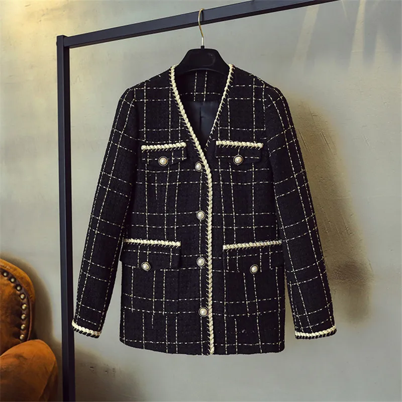 

Luxury Designer Brand Wool Blends Coat for Women Fashion Vintage V Neck Plaid Wide Waisted Tweed Coat Black