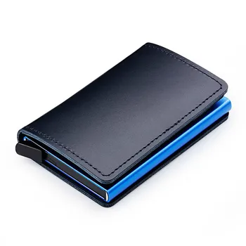 

SXME RFID Lock 100% Leather Credit Card Holder Men's Aluminum Business ID Folder Multi-function Ultra-thin Mini Wallet
