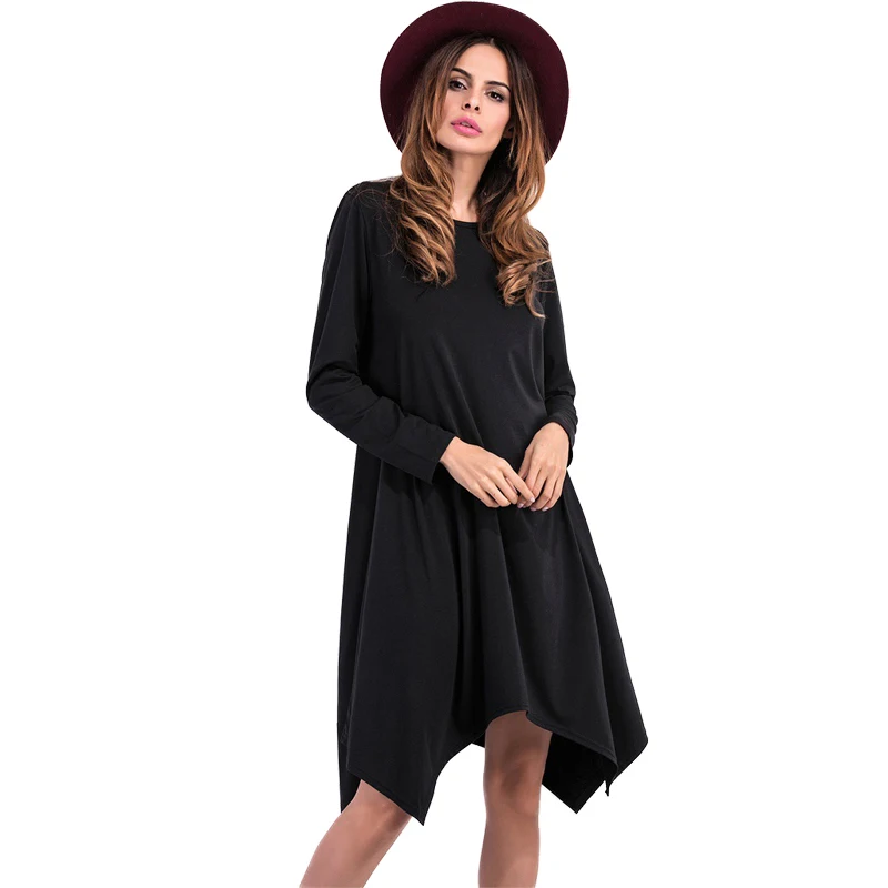 Fashion Irregular Hem Women Dress Long Sleeve O Neck Casual Bodycon Vestidos Spring Female Knee Length Black Dresses | Женская одежда