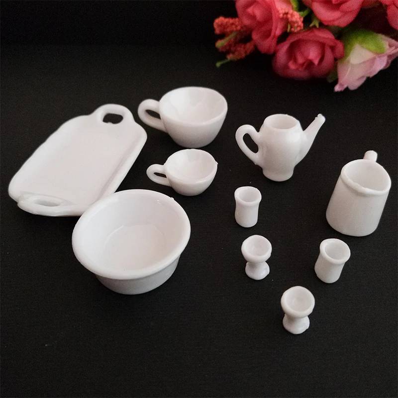 

10pcs/set Dollhouse mini tea set modal cute miniature plastic crafts imitation fake teapot Home decoration accessories #DIY076