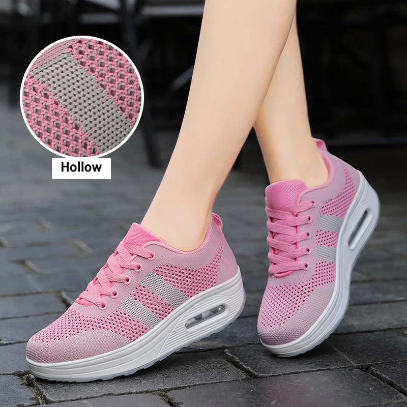 Женские дышащие кроссовки с закругленной подошвой для танцев, увеличивающие рост; удобные повседневные кроссовки на платформе; zapatos De Mujer - Цвет: pink hollow sneaker