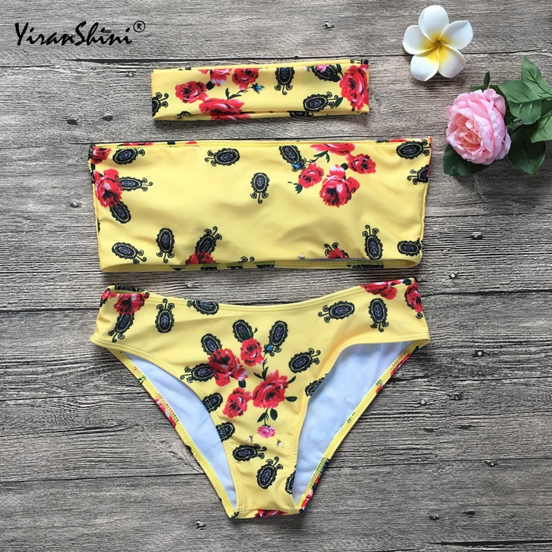 

YIRANSHINI Yellow Printed Sexy Strapless Bikini Set Push Up With Padded Low Waist Sexy Backless Brazilian Bikinis Mini Biquinis